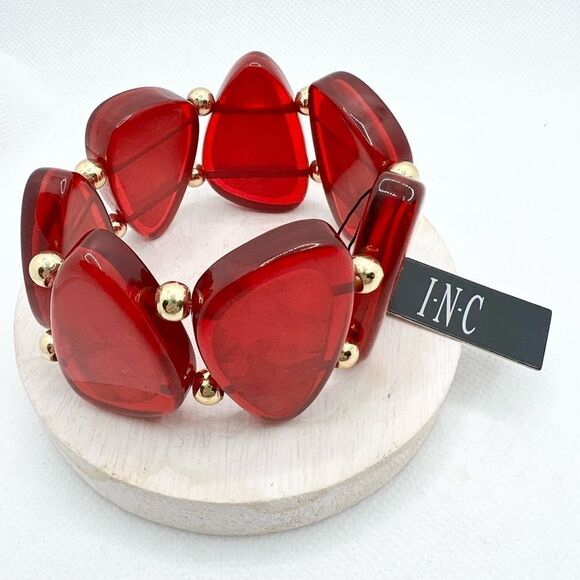 New INC Red Beaded Statement Stretch Bracelet - Picture 1 of 5